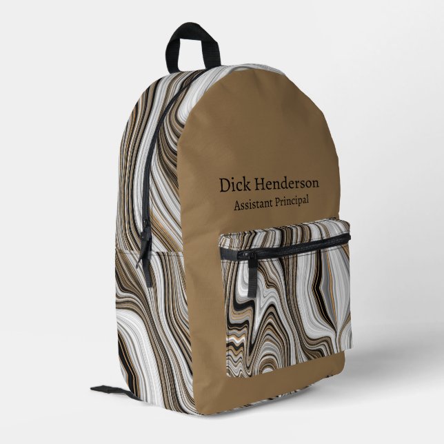 Abstract Marble Swirl Pattern-Black Tan Grey White Printed Backpack (Back Corner Left)
