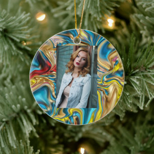 abstract marble swirls yellow teal turquoise blue ceramic tree decoration