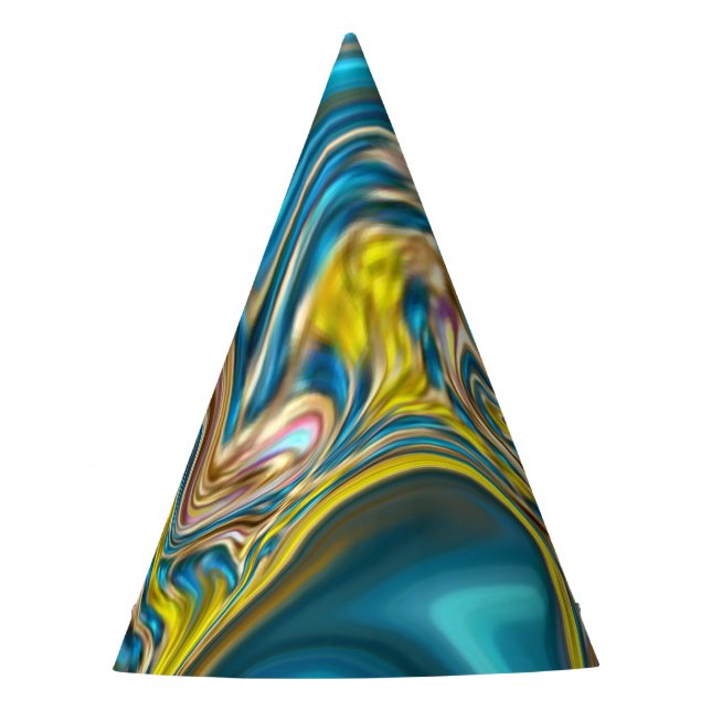 abstract marble swirls yellow teal turquoise blue party hat (Front)