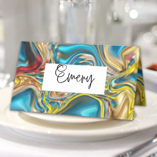 abstract marble swirls yellow teal turquoise blue place card