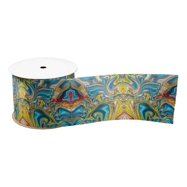 abstract marble swirls yellow teal turquoise blue satin ribbon (Spool)