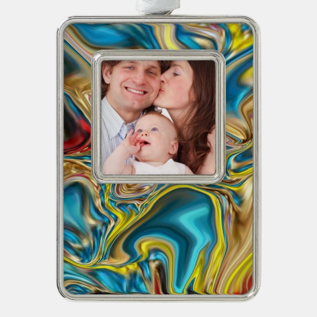 abstract marble swirls yellow teal turquoise blue silver plated framed ornament (Front)