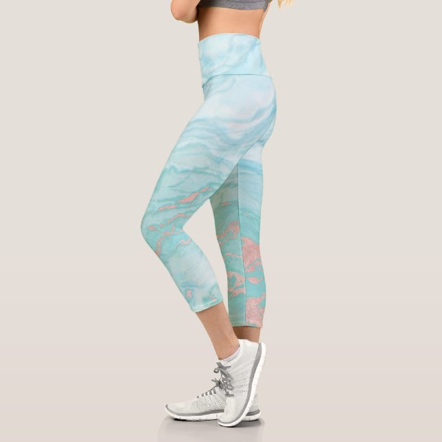 Abstract Marble Turquoise Blue Rose Gold Swirls Capri Leggings (Left)
