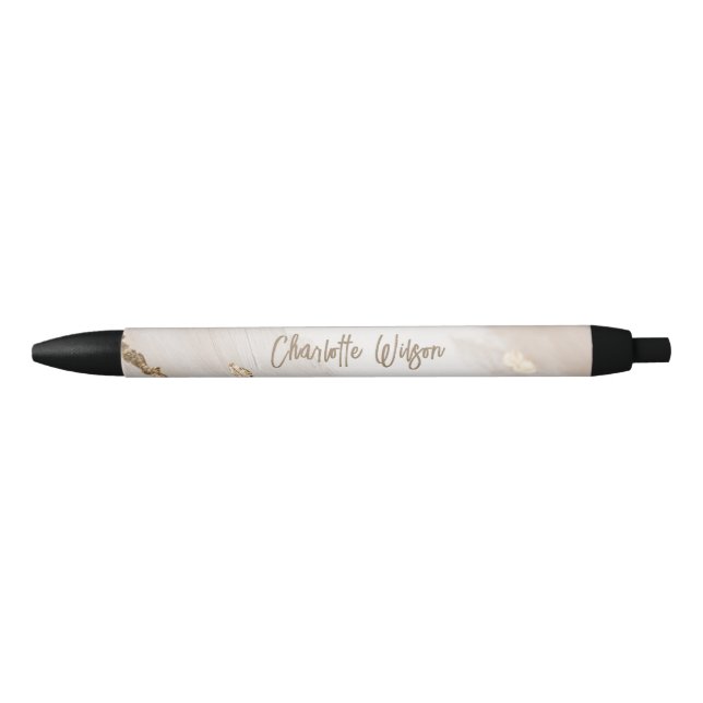 Abstract Marble with Golden Glitter Monogram Black Ink Pen (Front)