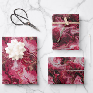 Abstract Marbled Artwork with Deep Red, Pink Wrapping Paper Sheet