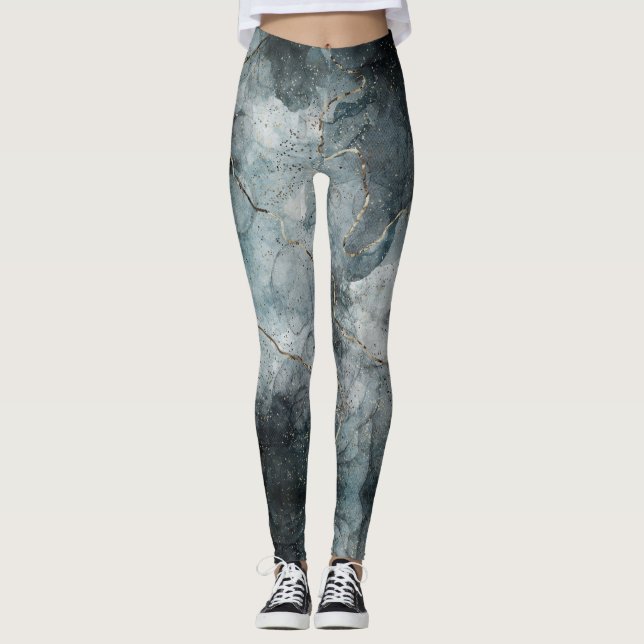 Abstract Marbled Paint Foggy Grey Blue Modern Art  Leggings (Front)
