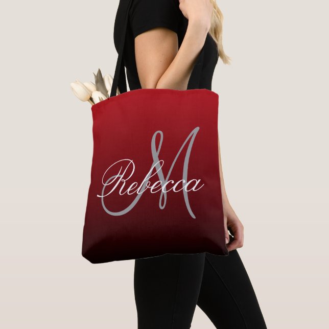 abstract marsala maroon grey burgundy monograms tote bag (Close Up)