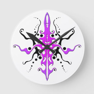 Abstract Mask Tribal Tattoo Design - pink Round Clock
