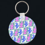 Abstract Matisse Inspired Leaf Plant Chequered Key Ring<br><div class="desc">Matisse inspired leaf print art design,  featuring green checks with blue and pink cut out plant leaf. Chequered pink and blue leaves print. Warped chequerboard abstract leaf plant design.</div>