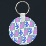 Abstract Matisse Inspired Leaf Plant Chequered Key Ring<br><div class="desc">Matisse inspired leaf print art design,  featuring green checks with blue and pink cut out plant leaf. Chequered pink and blue leaves print. Warped chequerboard abstract leaf plant design.</div>