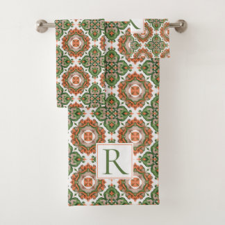 Abstract Mediterranean green orange pattern Bath Towel Set
