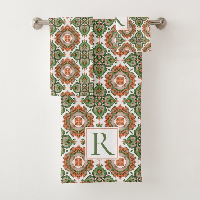 Abstract Mediterranean green orange pattern Bath Towel Set (Insitu)