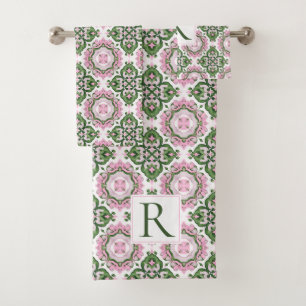 Abstract Mediterranean green pink pattern Bath Towel Set