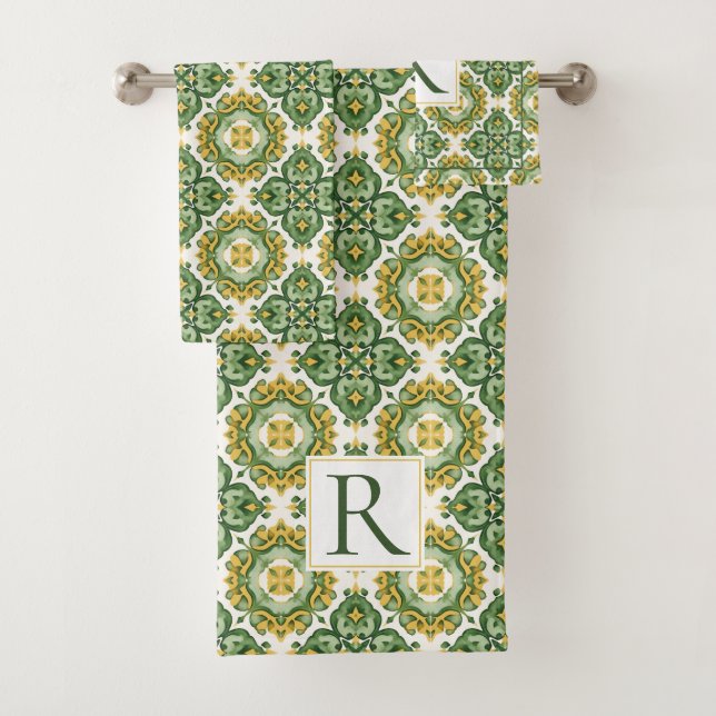 Abstract Mediterranean green tile pattern Bath Towel Set (Insitu)