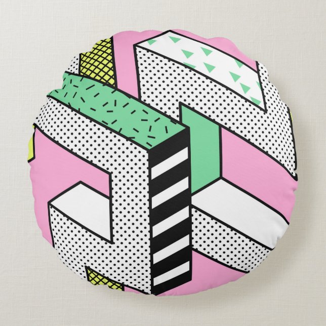 Abstract Memphis: 80s geometric shapes. Round Cushion (Front)
