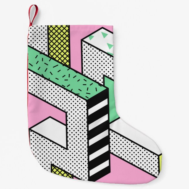 Abstract Memphis Seamless Patterns with 3d Geometr Small Christmas Stocking (Front)