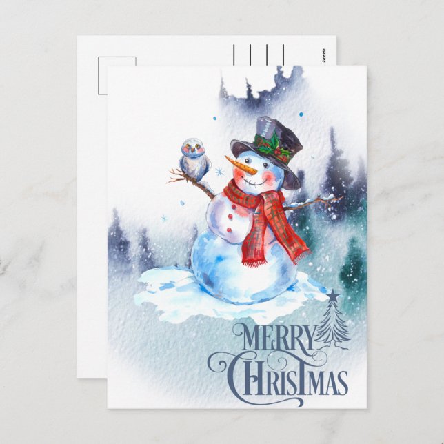 Abstract Merry Christmas Snowman Winter Scene Holiday Postcard (Front/Back)