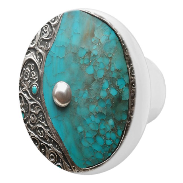 Abstract Metal & Stone in Aqua Verdigris  Ceramic Knob (Right)
