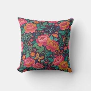 Abstract Mexican Peonies Butterflies Throw Pillow