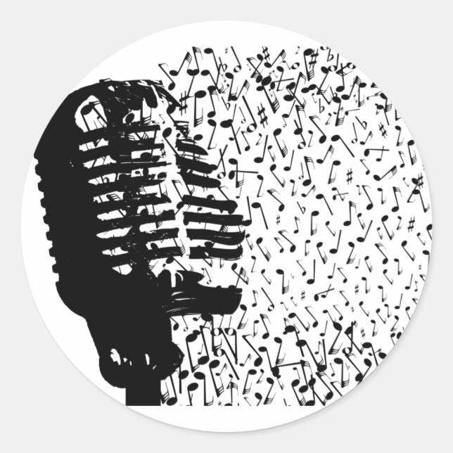 Abstract Mic Breaking Up Into Musical Notes Classic Round Sticker (Front)