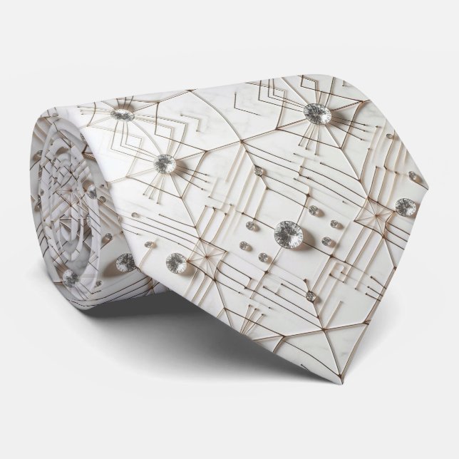 Abstract Mid Century Modern White Diamonds Tie (Rolled)