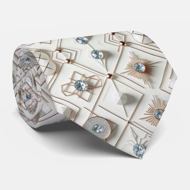 Abstract Mid Century Modern White Diamonds Tie (Rolled)