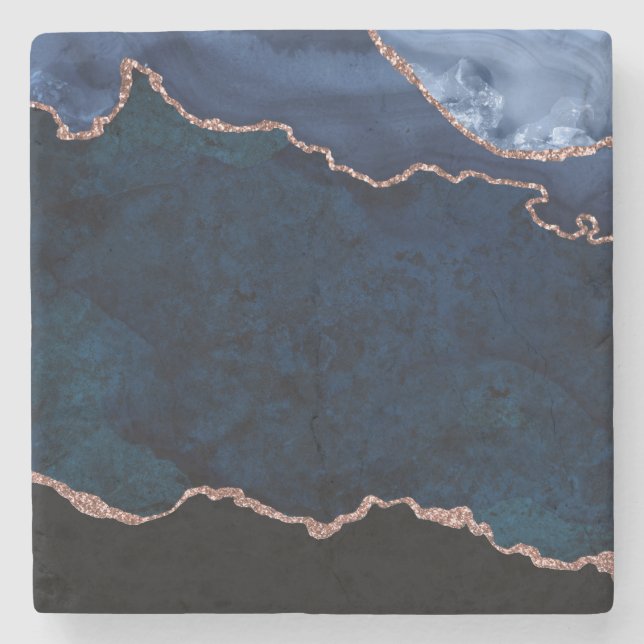 Abstract Midnight Blue Agate Glitter Pattern Stone Coaster (Front)
