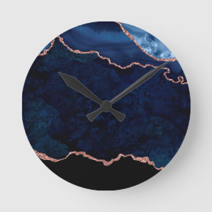 Abstract Midnight Blue Marble With Rose Gold Round Clock