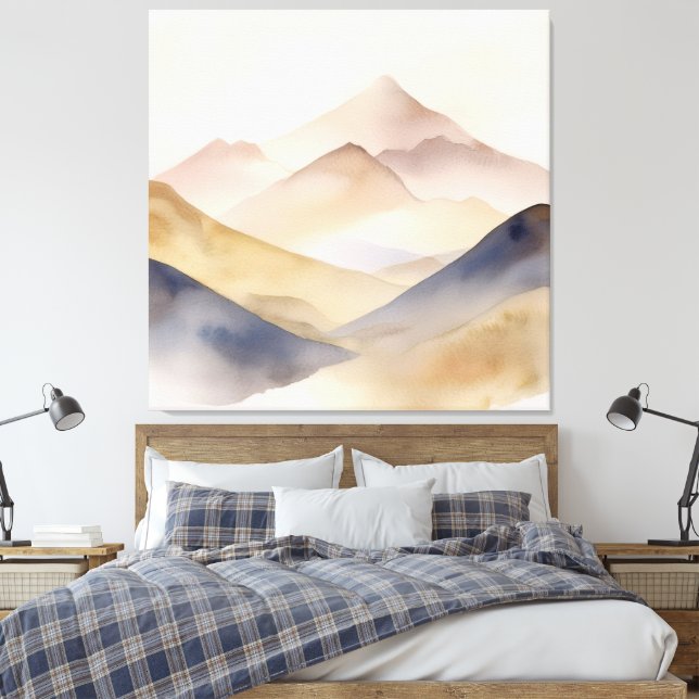 Abstract minimalistic watercolor beige mountains canvas print (Insitu(Bedroom))
