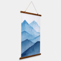 Abstract minimalistic watercolor blue mountains