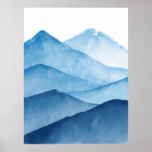 Abstract minimalistic watercolor blue mountains