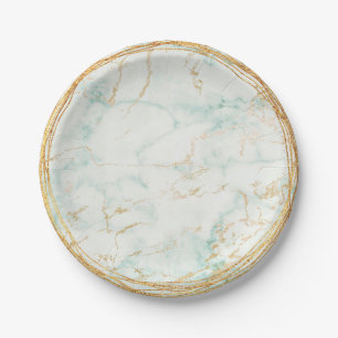 Abstract Mint Green Marble Glam Golden Vip Paper Plate