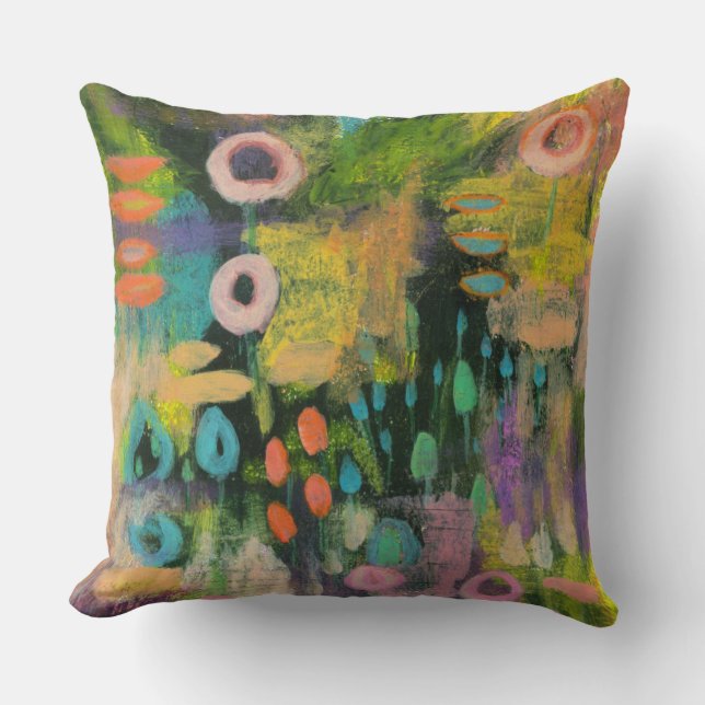 Abstract Mixed Media Floral Primitive Art Painting Cushion (Front)