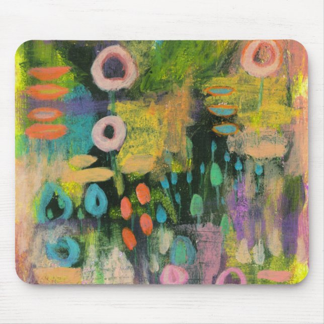 Abstract Mixed Media Floral Primitive Art Painting Mouse Mat (Front)