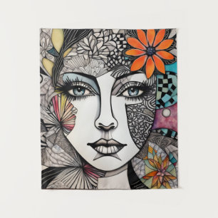 Abstract Mixed Media Womans Face Tapestry