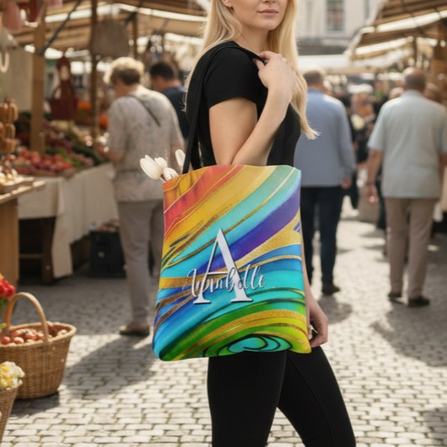 Abstract Modern Art Colour Swirls and Gold Metalli Tote Bag (Creator Uploaded)