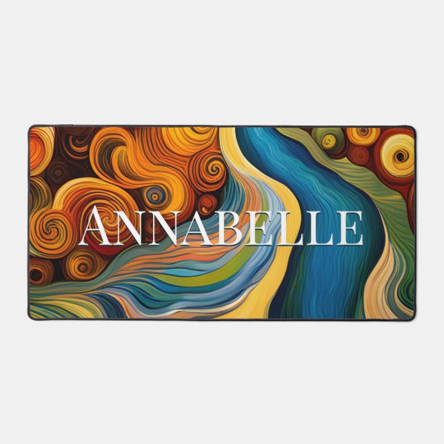 Abstract Modern Art Colour Swirls Monogram Desk Mat (Front)