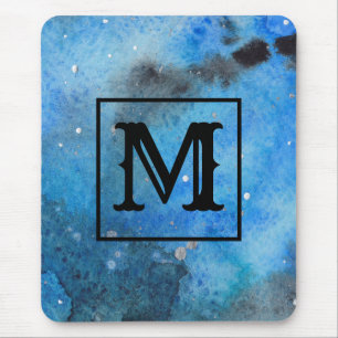 Abstract Modern Art Monogram Blue Black Watercolor Mouse Mat