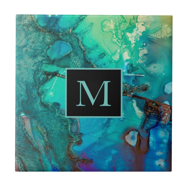 Abstract Modern Art Monogram Blues Greens Tile (Front)