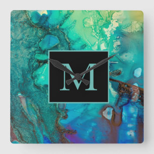 Abstract Modern Art Monogram Shadows of Blue Square Wall Clock