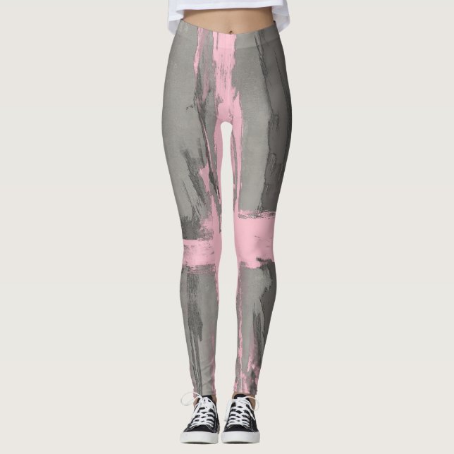 Abstract modern art style grey pink leggings (Front)