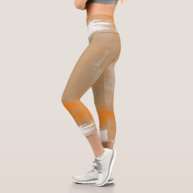 Abstract modern art style orange grey white capri leggings (Left)