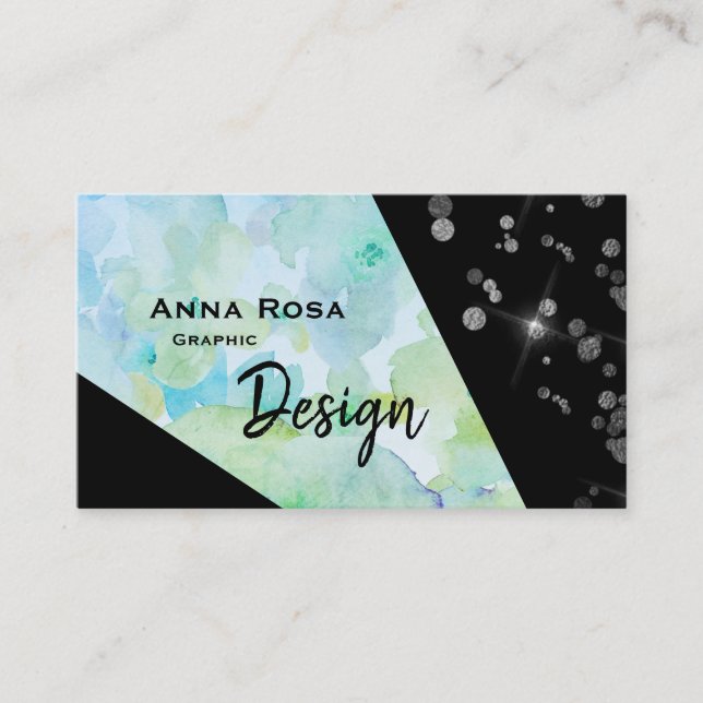 *~* Abstract Modern Black Glitter Geometric Flower Business Card (Front)