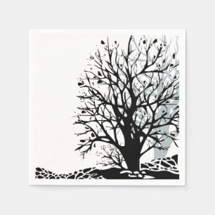 Abstract modern black tree silhouette shadow white napkin