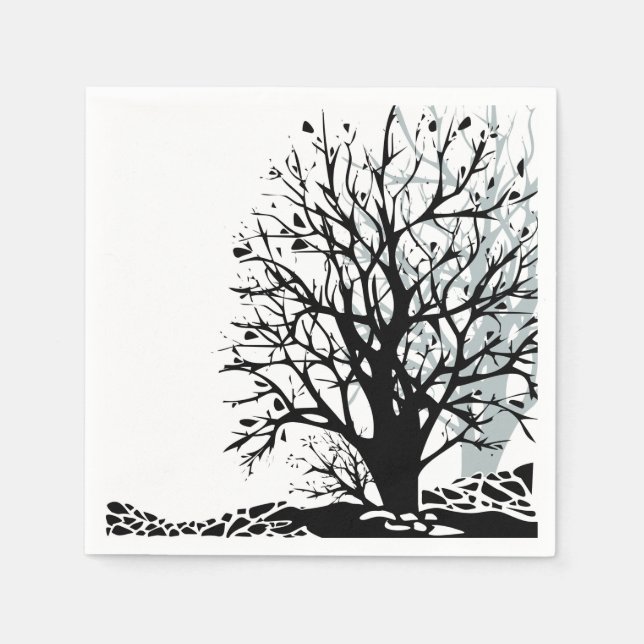 Abstract modern black tree silhouette shadow white napkin (Front)