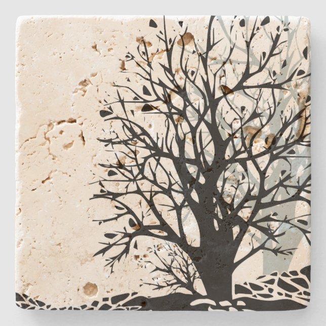 Abstract modern black tree silhouette shadow white stone coaster (Front)