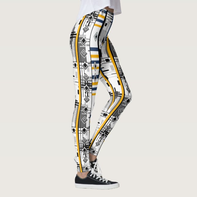 Abstract modern black white yellow ornament geo leggings (Right)