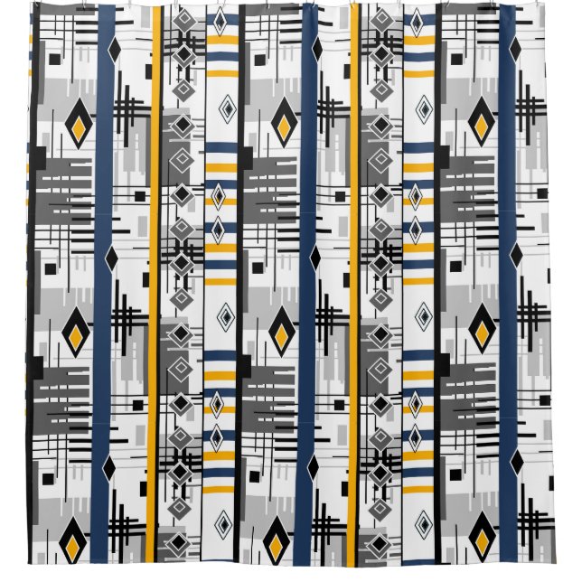 Abstract modern black white yellow ornament geo shower curtain (Front)