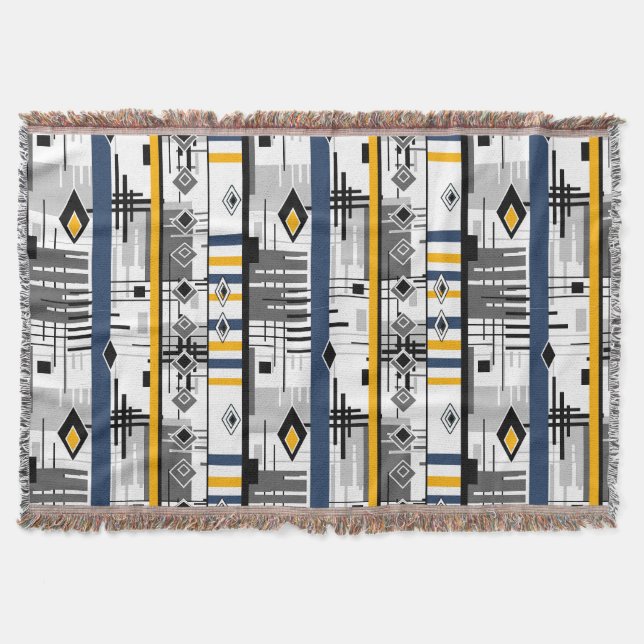 Abstract modern black white yellow ornament geomet throw blanket (Front)