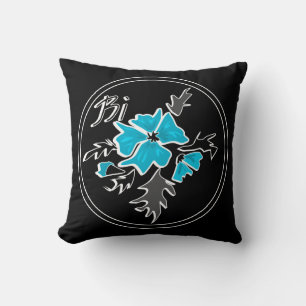 Abstract modern blue flower grey black leaves prin cushion